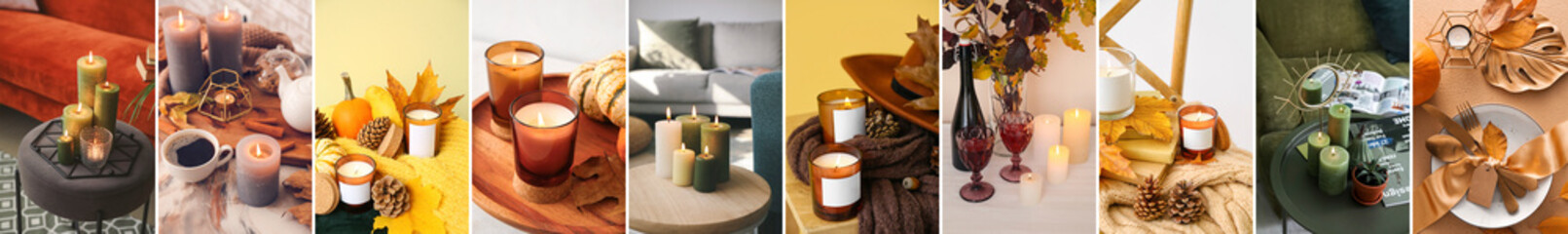 Fototapeta na wymiar Autumn collection with glowing aroma candles at home