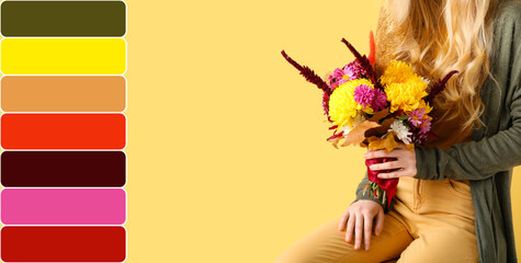 Young woman with beautiful autumn bouquet on yellow background. Different color patterns