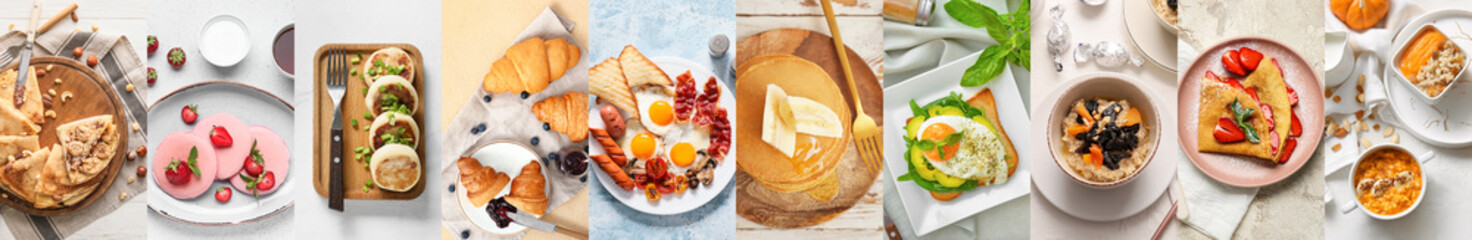 Set of tasty breakfasts, top view