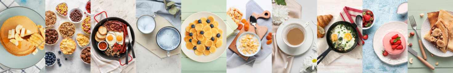 Group of tasty breakfasts, top view