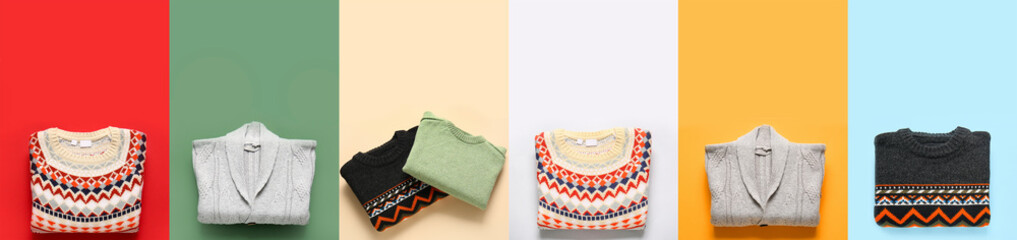 Set of warm knitted sweaters on colorful background, top view