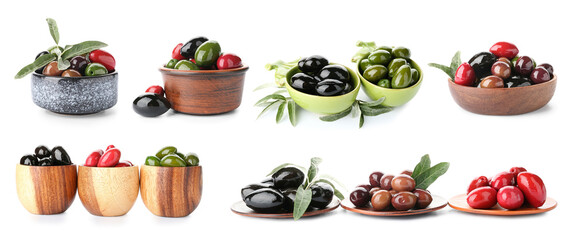 Different types of tasty olives isolated on white