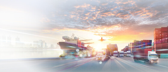 Fototapeta premium Container truck in ship port for business Logistics and transportation of Container Cargo ship and Cargo plane with working crane bridge in shipyard, logistic import export and transport industry 