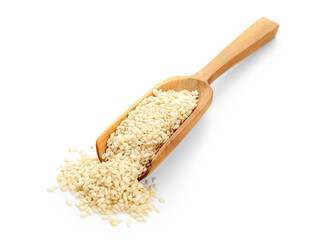 Wooden scoop of sesame seeds isolated on white background