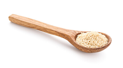 Wooden spoon with sesame seeds isolated on white background