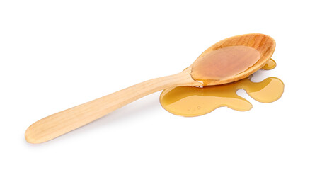 Wooden spoon with tasty maple syrup isolated on white background