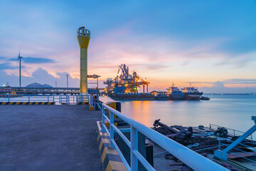 Yangtze River port wharf and and sunset scenery in Jiangyin City, China	 - obrazy, fototapety, plakaty