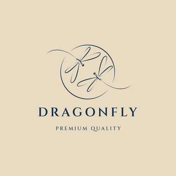 dragonfly line art logo, icon and symbol, with emblem vector illustration design