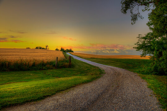 Country Road  moves into the sunset through a cornfield, in the summer time 