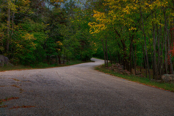 Obraz premium A country road meander through the Autumn Forest in Madison County, Missouri 