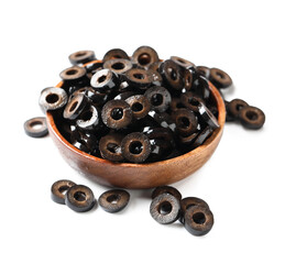 Bowl of cut black olives on white background