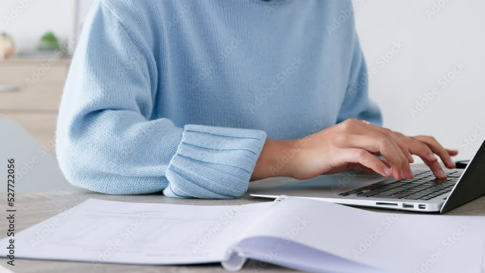 Aufkleber Hands, reading notes and typing on laptop with document knowledge for work or study literature. Work from home girl studying guidance information while writing text fast on digital device.