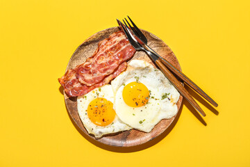Plate of tasty fried eggs with bacon on color background