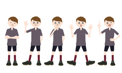 Obraz premium 様々な表情とポーズの子供（男の子）のイラスト（白背景・ベクター・切り抜き）