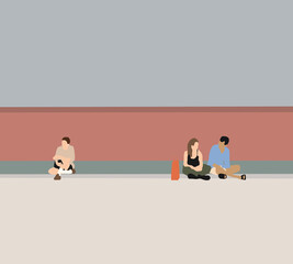 People sitting on street for communication, relaxing outdoors During holiday. Flat design style minimal	
