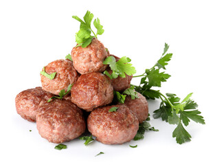 Tasty meat balls with parsley on white background
