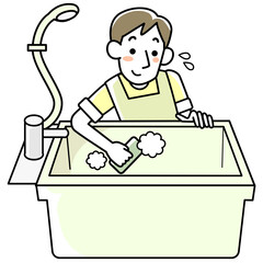 エプロンを着けてお風呂掃除をする若い男性