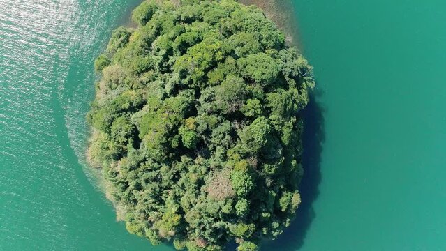 ドローンで真上から空撮した、日本海に浮かぶ緑豊かな孤島。島の上空を鳥が横切る、自然の躍動感を捉えた映像・写真素材。離島の風景や手つかずの自然を紹介する観光PR、広告用素材に。 | Top-down aerial view of a small island with a flying bird.