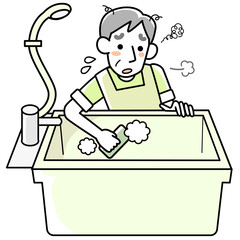 疲れた表情でお風呂掃除をするシニア男性