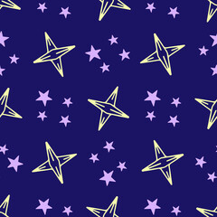 Cute sky pattern on a dark background with bright stars for factory prints, children's clothing, wrapping paper and gift wrapping.