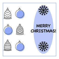 Modern Merry Christmas card with cute Christmas balls and bells to congratulate friends on winter holidays