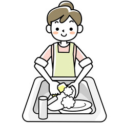 エプロンを着けて食器洗いをする若い女性