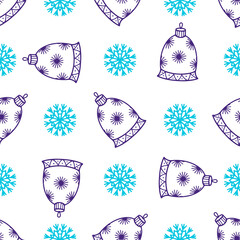 Cute Christmas pattern with snowflakes and bells on white background for factory prints, wrapping paper and gift wrapping.