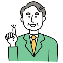 年配のビジネスマン：ひらめき　指差し
