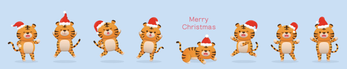 8 cute tiger mascots in Christmas costumes and hats, happy to celebrate the festival, vector cartoon style