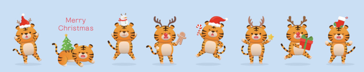 8 cute tiger mascots in Christmas costumes with hats and antlers, happy to celebrate the festival, vector cartoon style