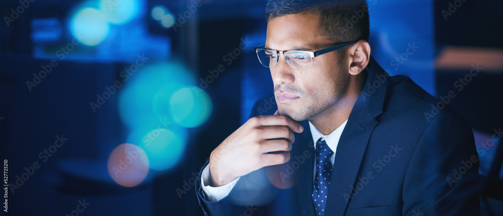 Poster businessman working, thinking and planning at night in a corporate company office. networking for gl