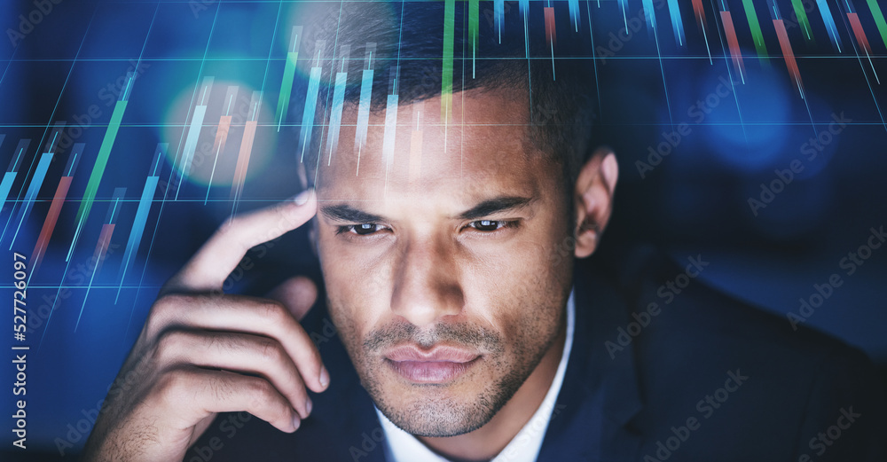 Aufkleber Bitcoin, crypto and stock market trader thinking of financial price data analysis on his computer screen monitor. Man working on a cryptocurrency trading strategy for forex investment profit growth