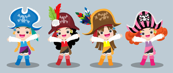 Cute pirate character wearing hat and standing with weapon. Marine travel and adventure design