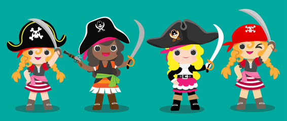 Obraz na płótnie Canvas Cute pirate character wearing hat and standing with weapon. Marine travel and adventure design