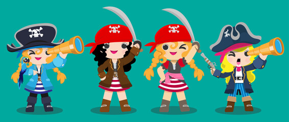 Obraz na płótnie Canvas Cute pirate character wearing hat and standing with weapon. Marine travel and adventure design