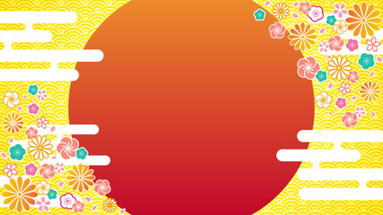 日の出イメージの和柄背景，青海波模様，赤のコピースペース