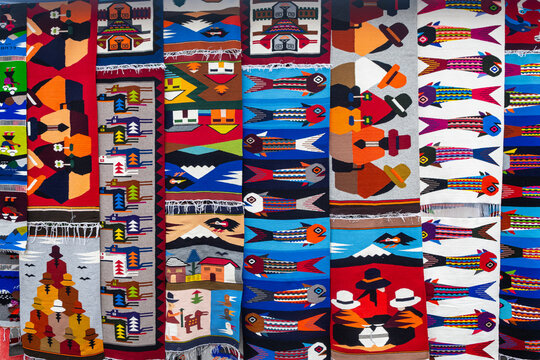 ethnic rugs in otavalo market, ecuador