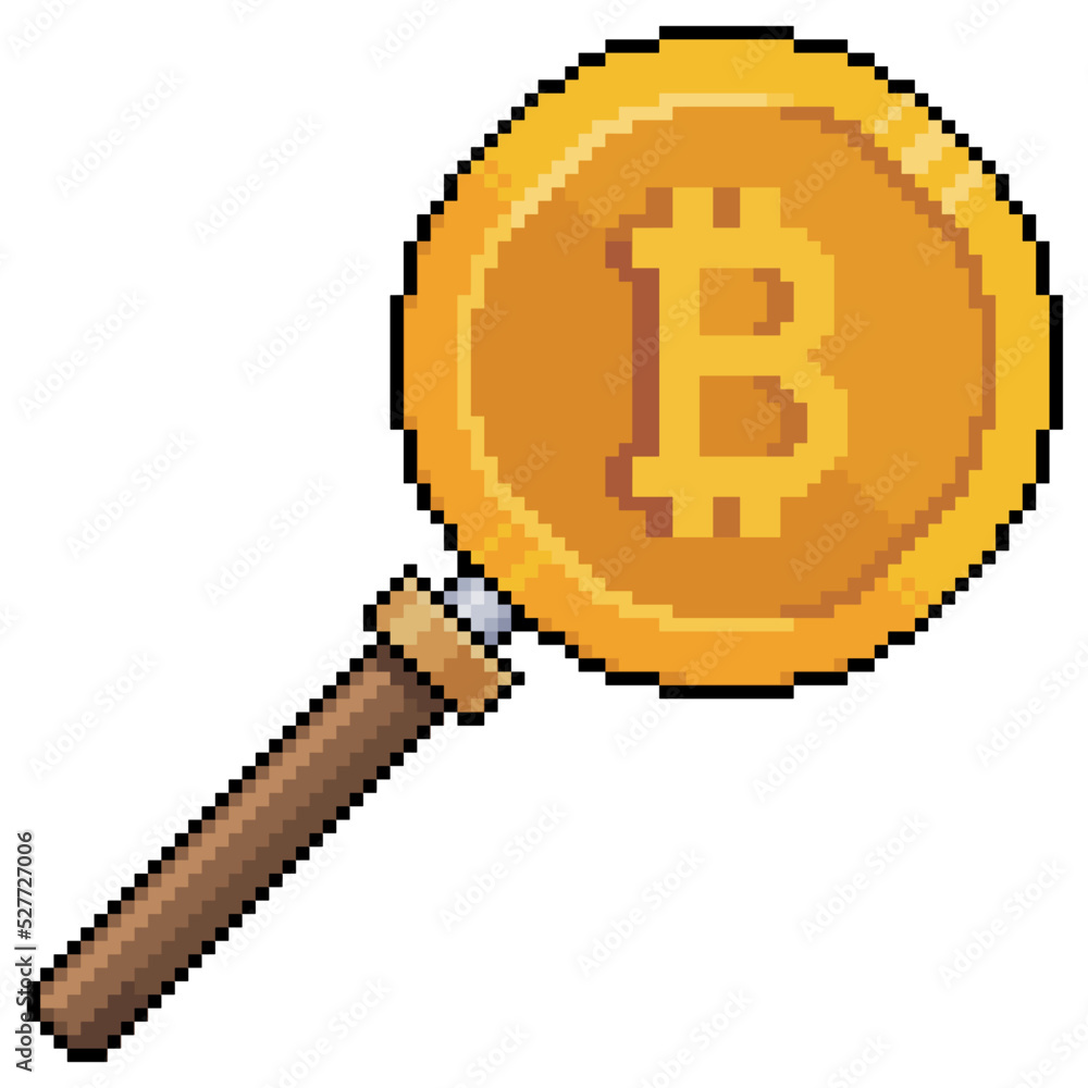 Poster pixel art bitcoin magnifying glass vector icon for 8bit game on white background