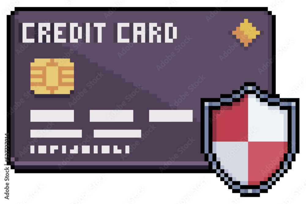 Poster pixel art credit card with security shield vector icon for 8bit game on white background