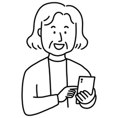 スマートフォンを使う年配女性線画