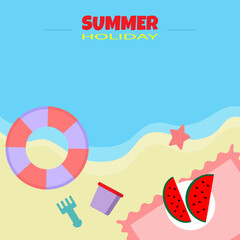 Obraz premium Happy Summer Holiday. Beach And It's Stuffs With Small Copy Space Area. Suitable for Summer Events