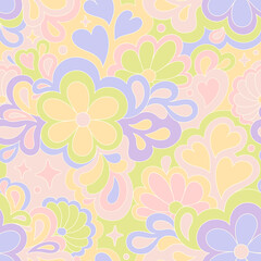 Retro groovy 60s 70s vector seamless pattern. Old school psychedelic hippie design with flowers and hearts for package, branding, textile, stationery, wraping paper, gift cards, any surface