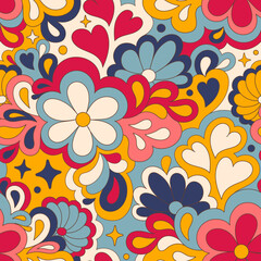 Fototapeta na wymiar Retro groovy 60s 70s vector seamless pattern. Old school psychedelic hippie design with flowers and hearts for package, branding, textile, stationery, wraping paper, gift cards, any surface