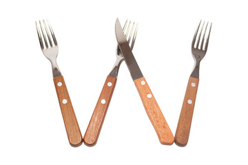 3 forks and 1 knife with wooden handle making the letter W on a white background