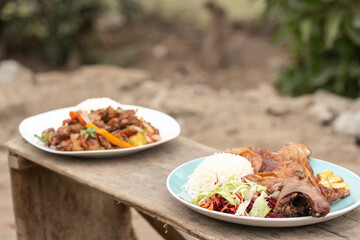 Two dishes of stew of guinea pig in a rustic wooden table