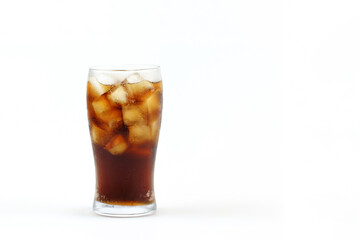 Cola in glass with ice on white background.