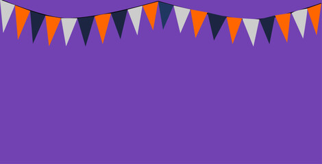 Bunting Triangles Flags Halloween Theme  Banner on Purple Background. For the party, Halloween night, trick or treats concepts. Violet, orange, white, grey, black colors. 