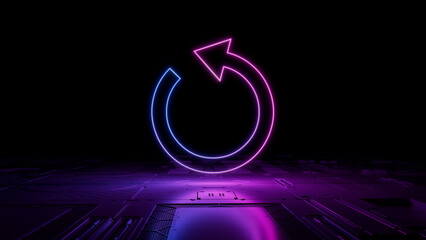 Pink and Blue Reload Technology Concept with refresh symbol as a neon light. Vibrant colored icon, on a black background with high tech floor. 3D Render