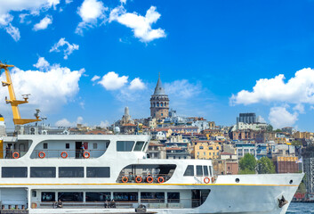 Fototapeta premium Bosphorus strait in Istanbul, Bosporus tour boats and views of Istanbul mosques and historic center.