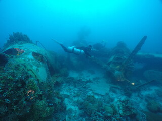 Naklejka na ściany i meble Japanese navy airplane Emily seaplane in WW2 Chuuk (Truk lagoon), Federated States of Micronesia (FSM). Here is the world's greatest wreck diving destination.